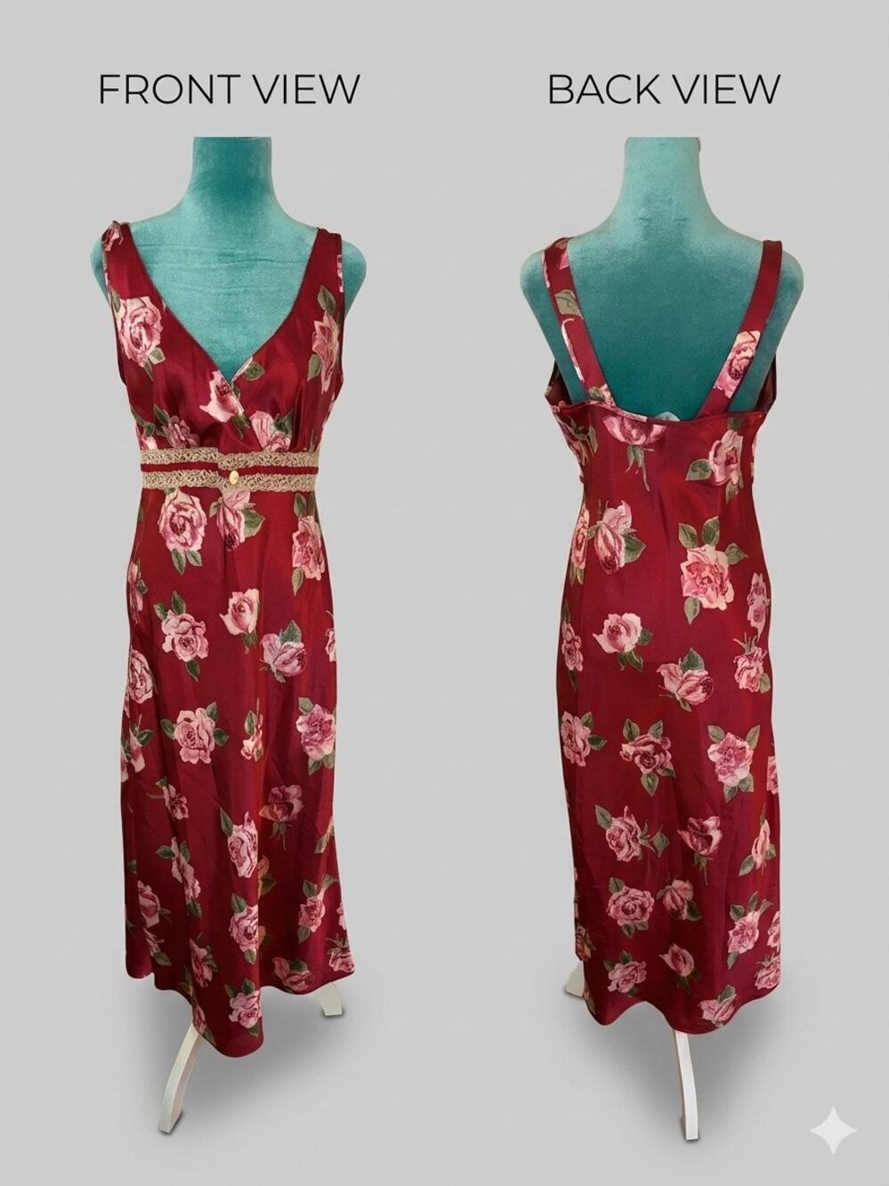 Vtg 90s Burgundy Floral Satin Slip Dress Lace Empire Waist Rose Whimsigoth Midi
